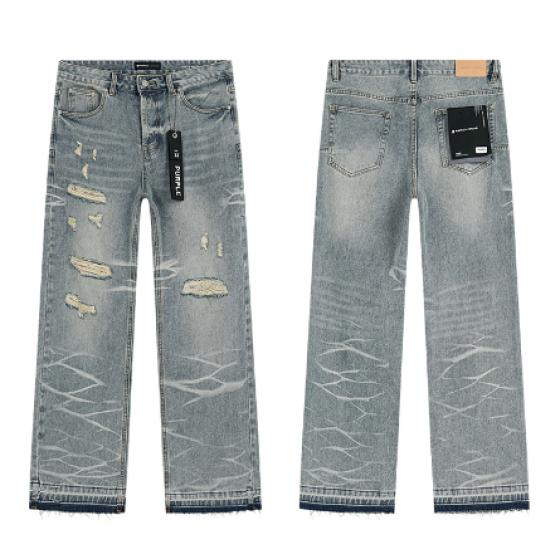 Light Blue Washed Wide-Leg Denim Jeans with Heavy Distressing and Raw Hem
